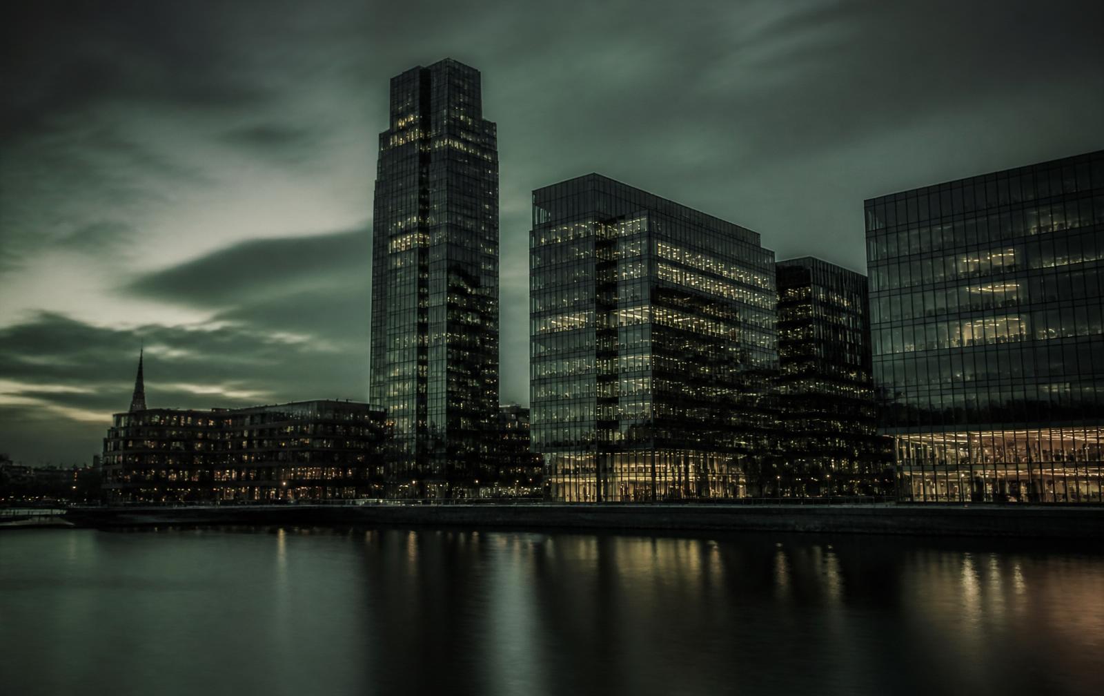 Modern financial district at dusk
